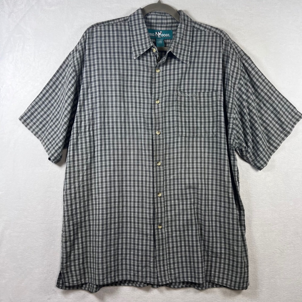 Big Dogs Mens XL Plaid Button Down Shirt Grey Black Cotton Short Sleeve Casual
